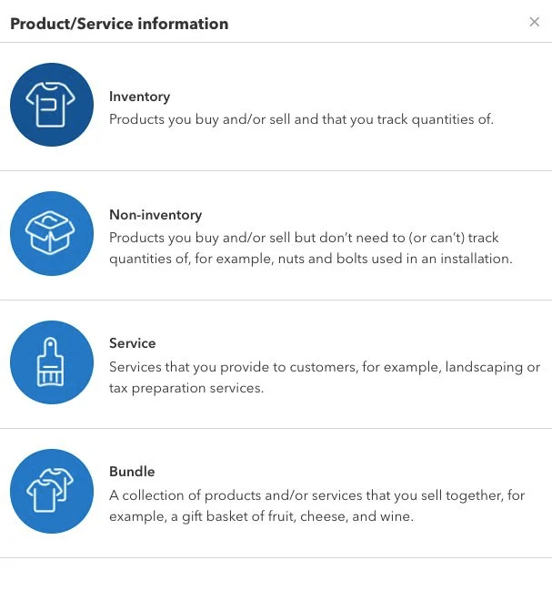 Screen where you can select the type of item to create in QuickBooks Online