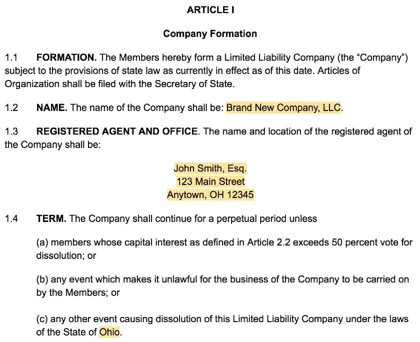 Screenshot of LLC Operating Agreement Template Article