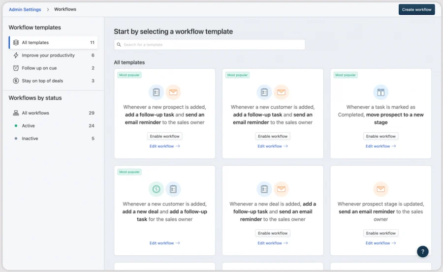 Examples of Freshsales workflow templates for deals and follow ups.