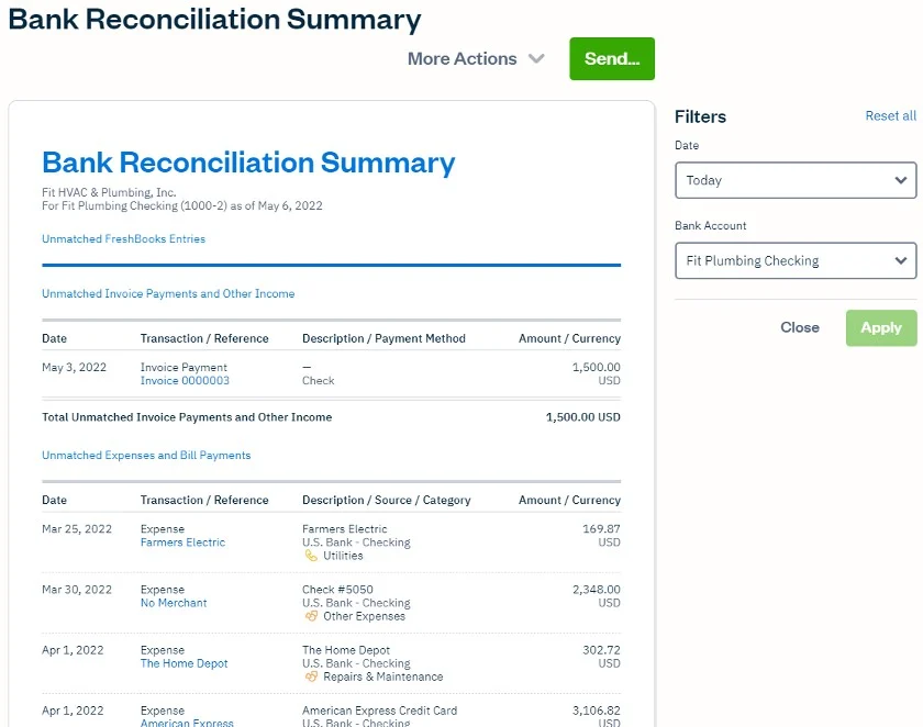 Sample Bank Reconciliation Summary in FreshBooks.