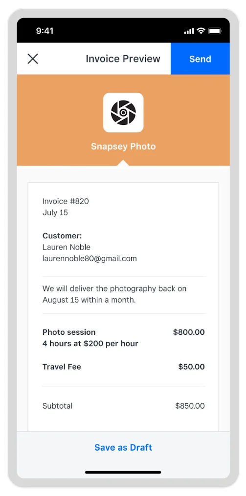 Sample Square invoice for professional services.