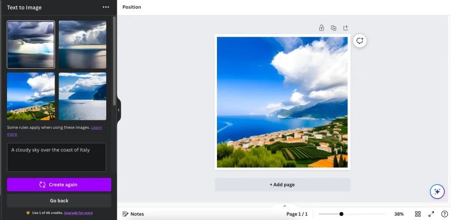 Screenshot of Canva's image generator AI tool at work.