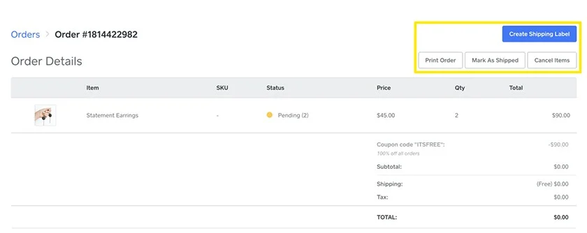 Square Online sample order page, with create shipping label option.