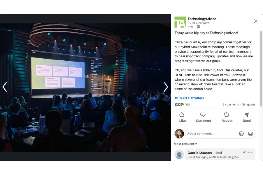 A Linkedin post by TechnologyAdvice showing a core values training session
