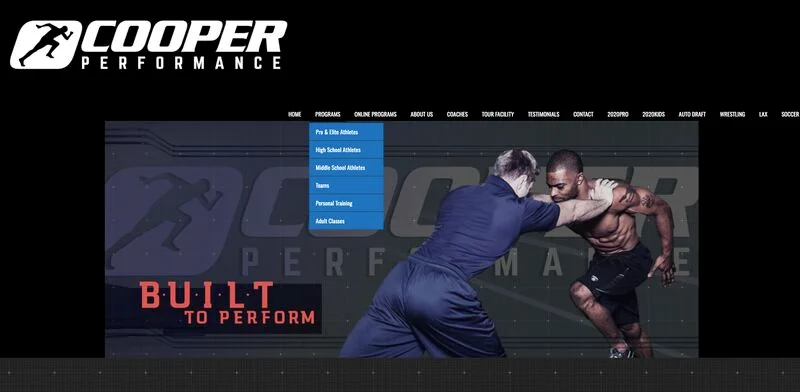 Cooper Performance website homepage with dropdown open for their programs.