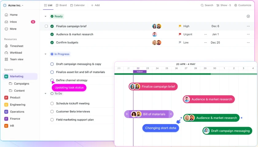 ClickUp project list view and timeline view on desktop app.