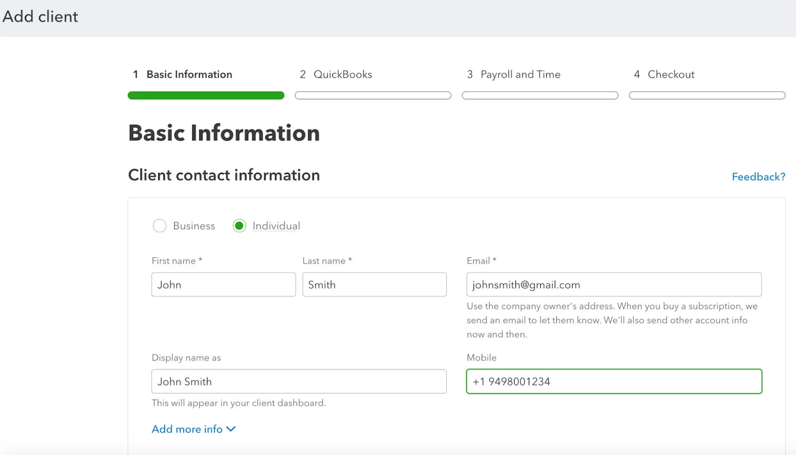 Screen where you can enter a new client in QuickBooks Online Accountant.
