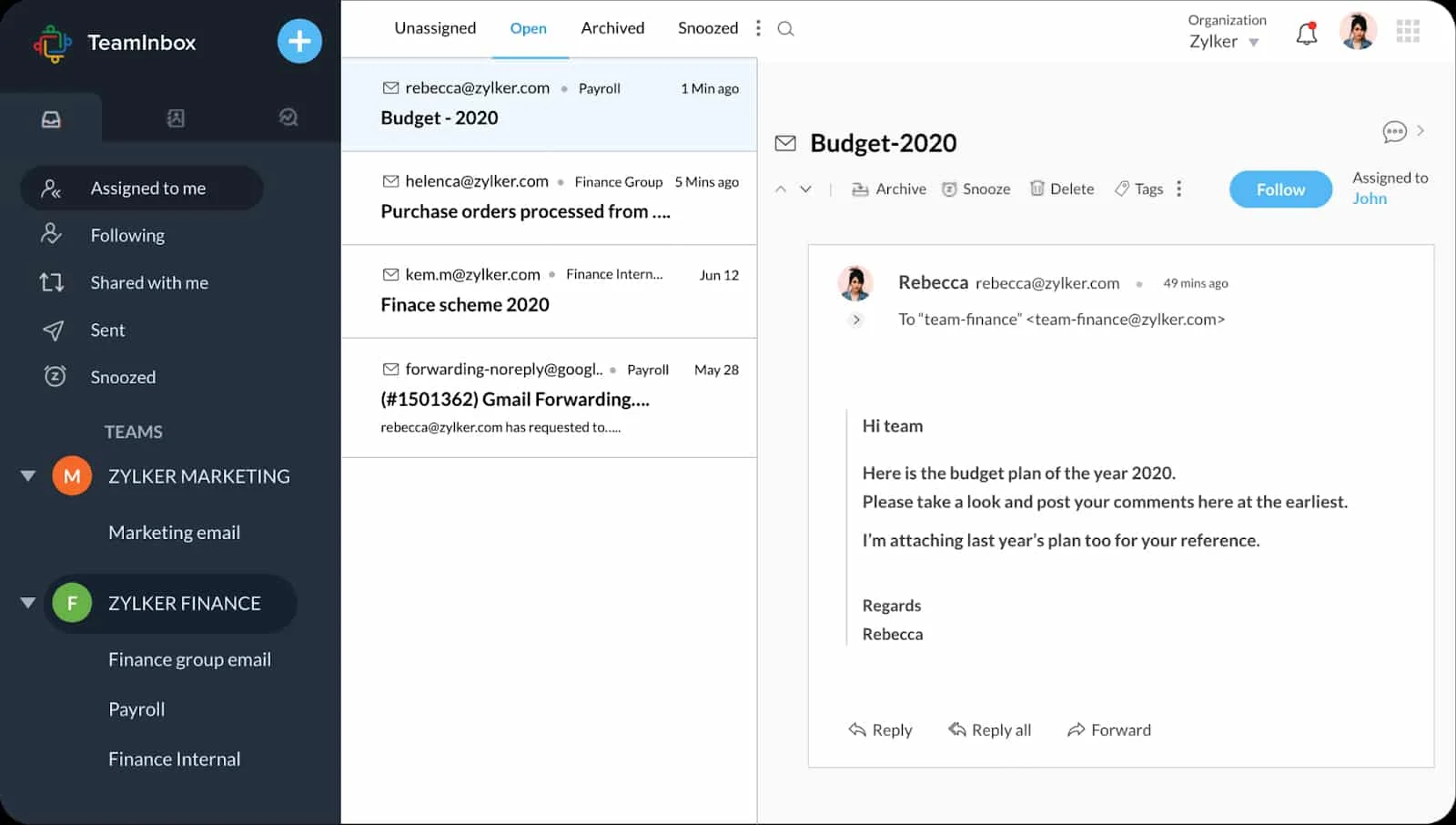 Screenshot of Zoho TeamInbox messages sample