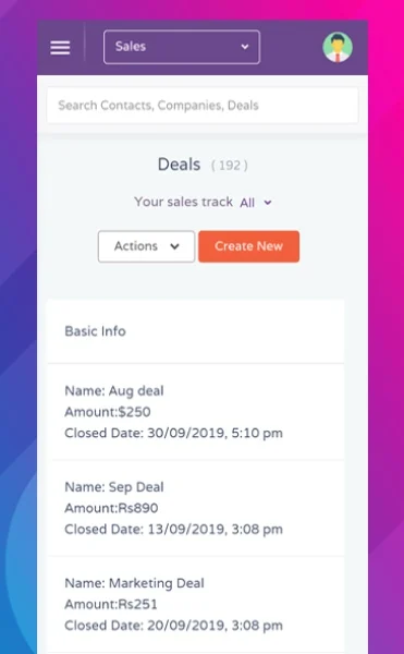 EngageBay mobile app sales page showing deal info and options for creating a new deal and tracking sales.