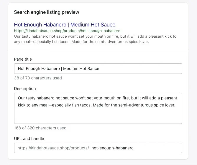 Shopify sample SEO listing preview.