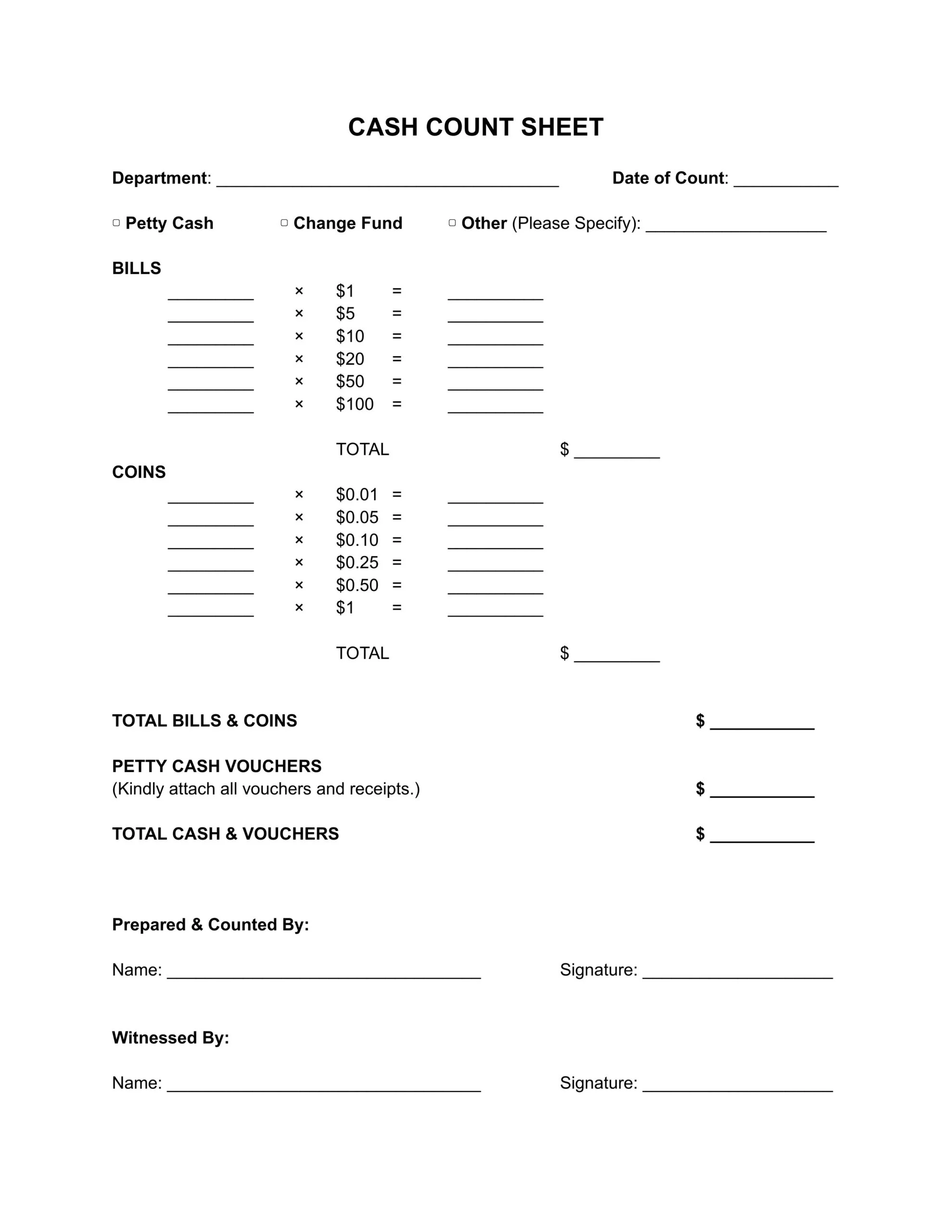 Screenshot of Cash Count Sheet.