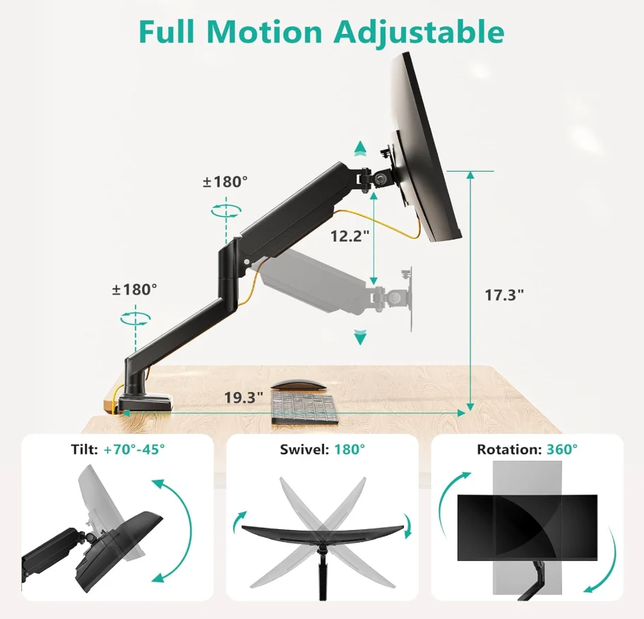 An image of the WALI monitor mount along with the dimensions for adjusting its position.