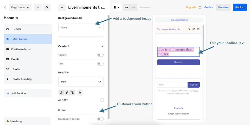 Editing your site's main banner in the editor.