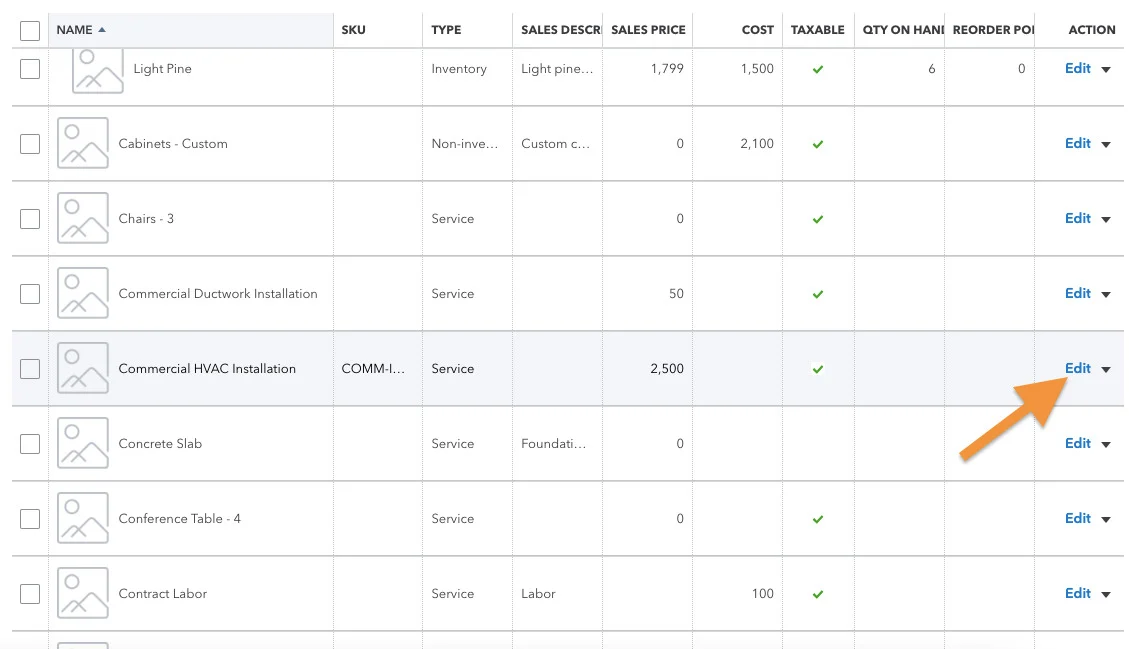 Screen showing where you can edit an existing product or service item in QuickBooks Online