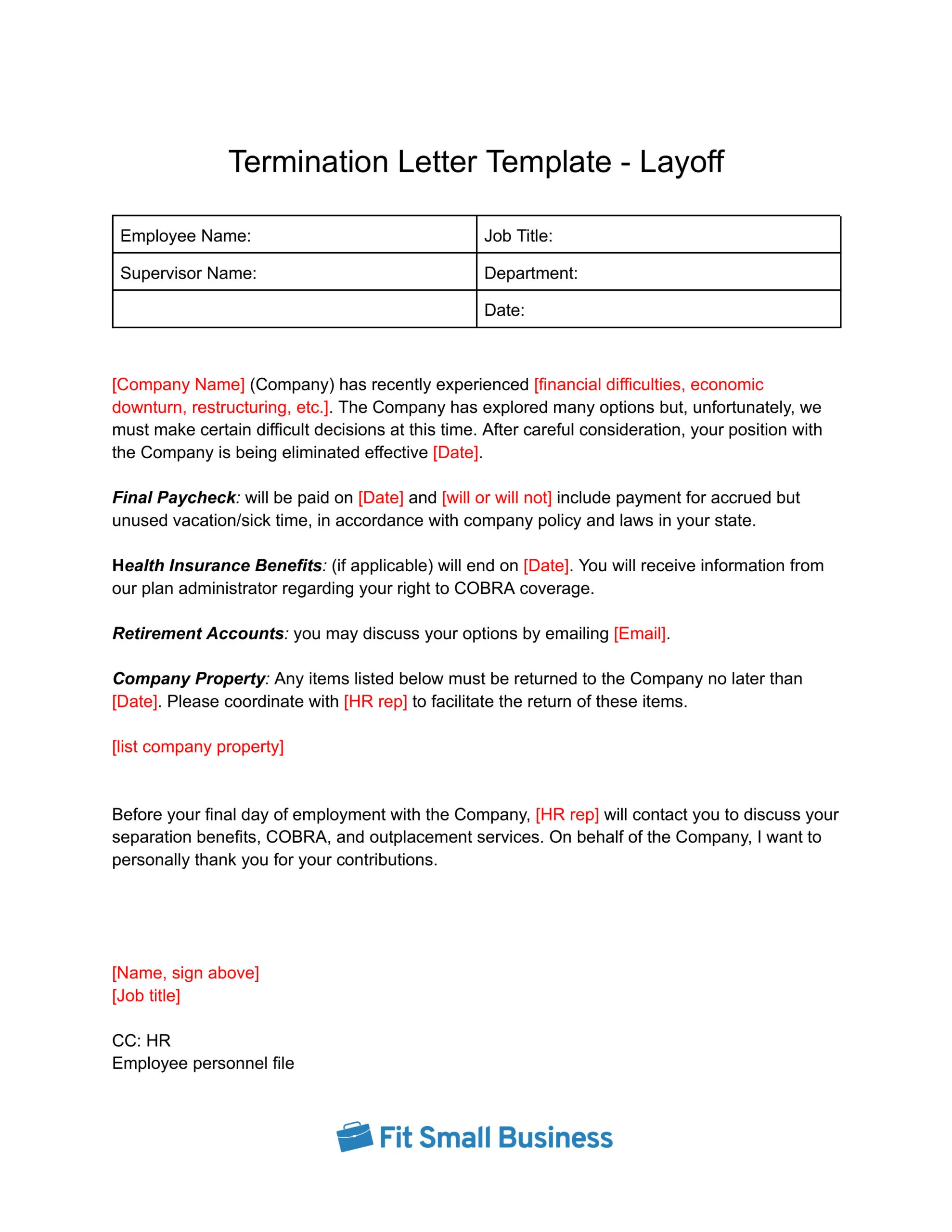 Screenshot of Termination Letter Template - Layoff