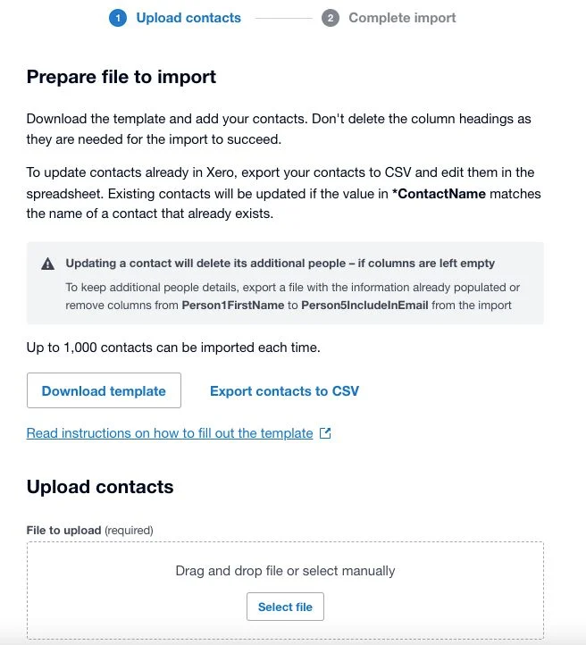 Screen where you can upload a new contact file into Xero