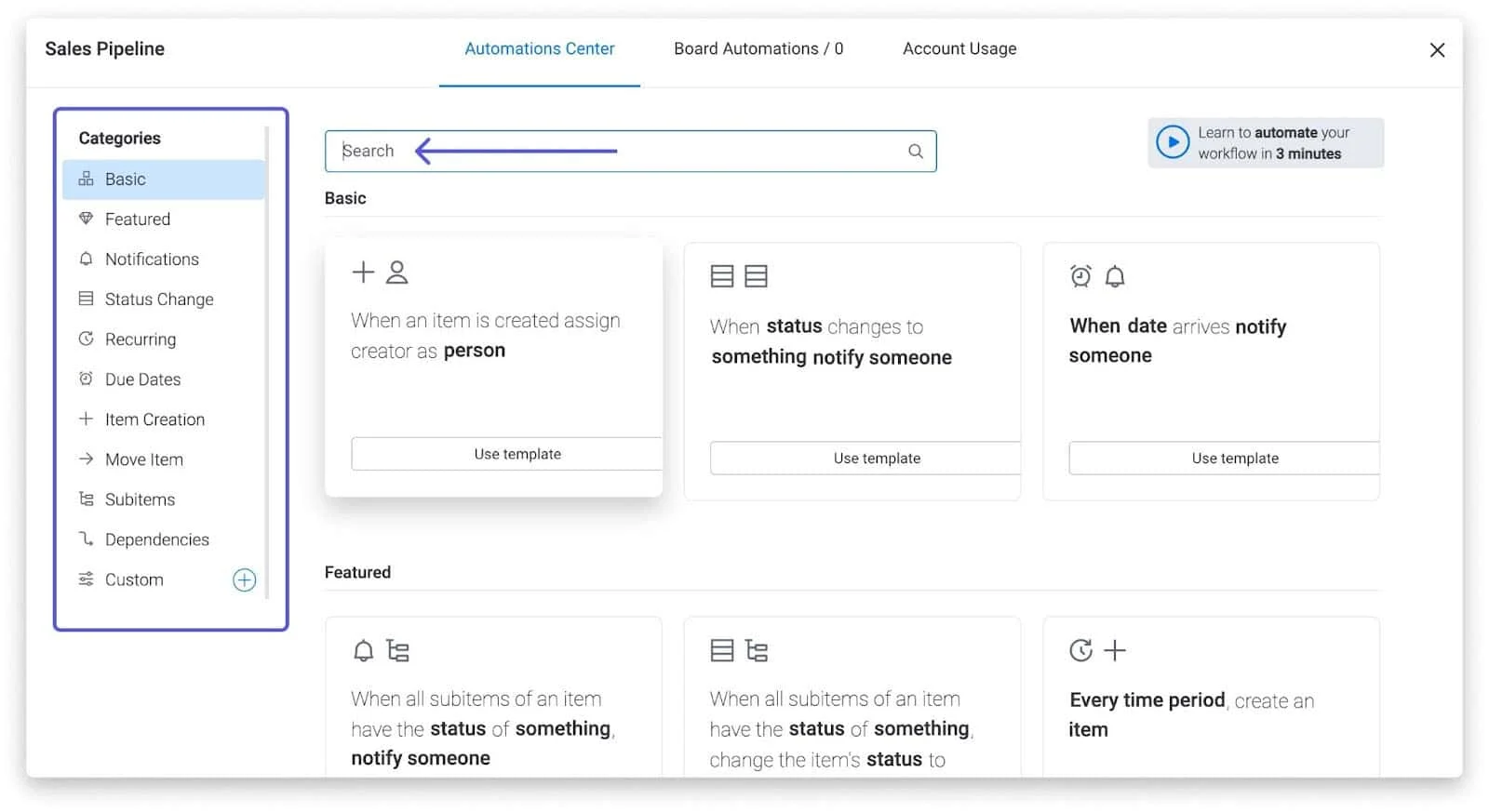 Creating workflow automations in Monday CRM.
