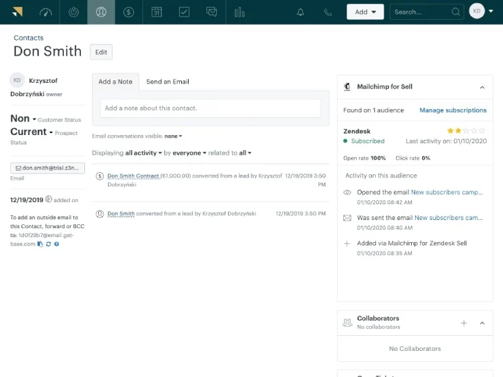 Viewing a contact record with Mailchimp activity in Zendesk.