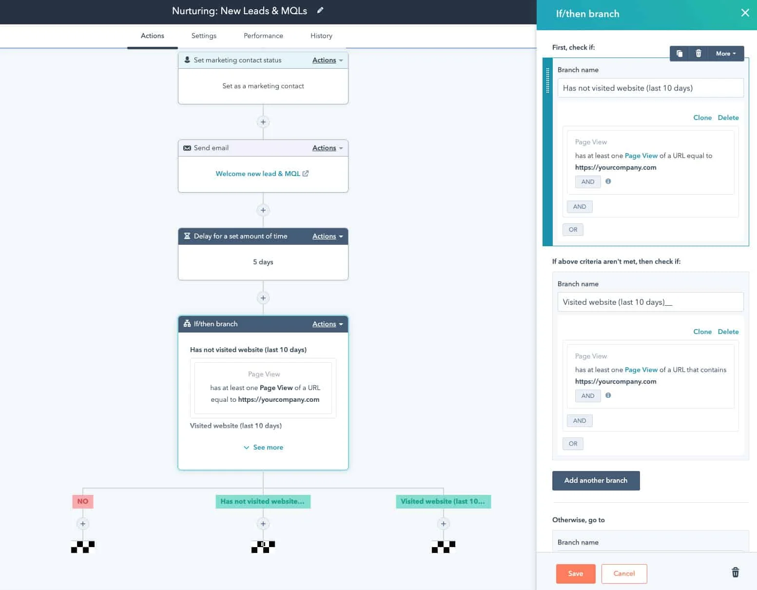 Screenshot of workflow automation in HubSpot.