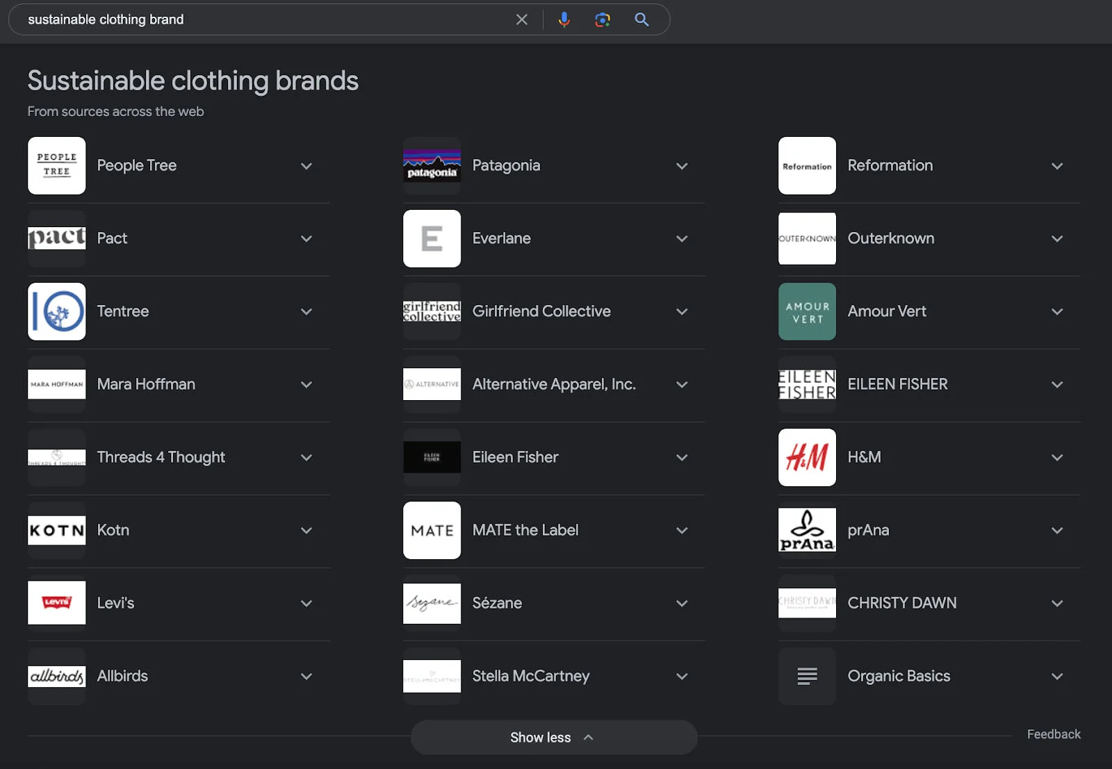 Google search for sustainable clothing brands showing a few dozen brands and their logos at-a-glance.
