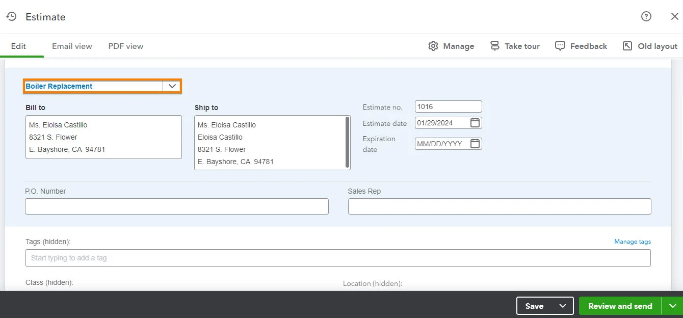 Screen where you can add a new estimate to a project in QuickBooks Online.