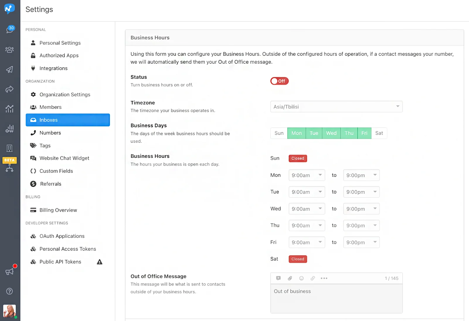 Salesmsg interface showing the Business Hours settings, which has configurations for timezone, business days, business hours, and an input field for out-of-office message.