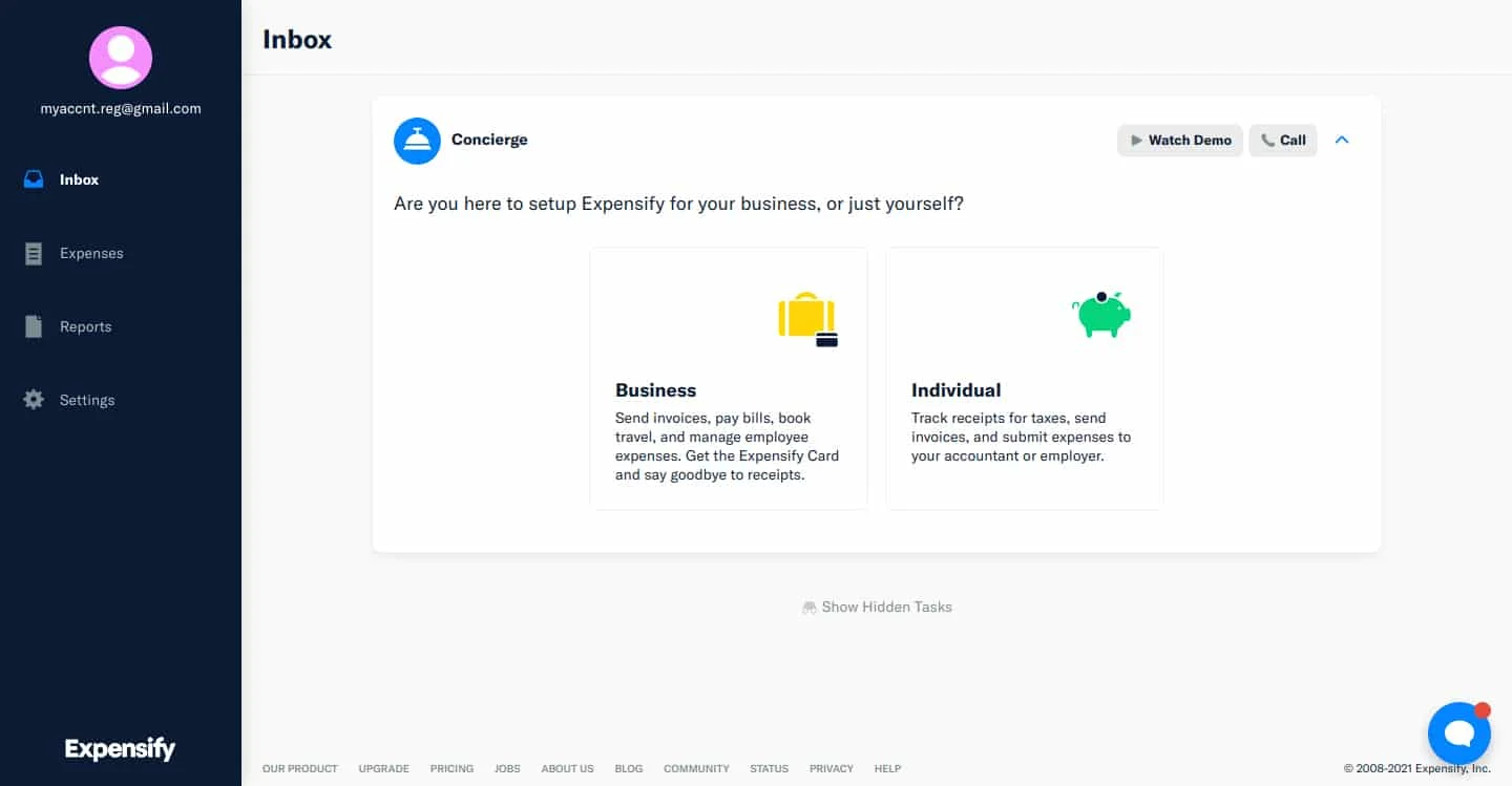 Expensify admin inbox page and setting up business.