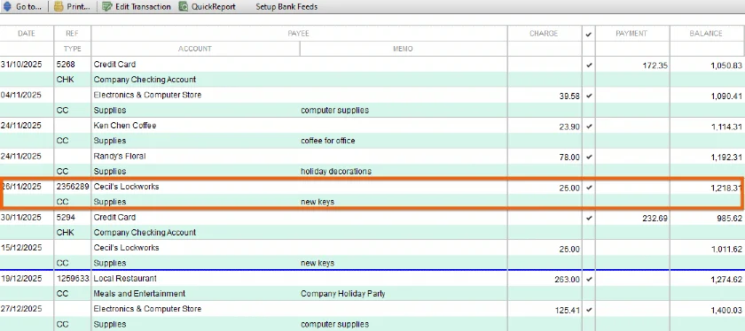 Credit card charge is recorded in the register.