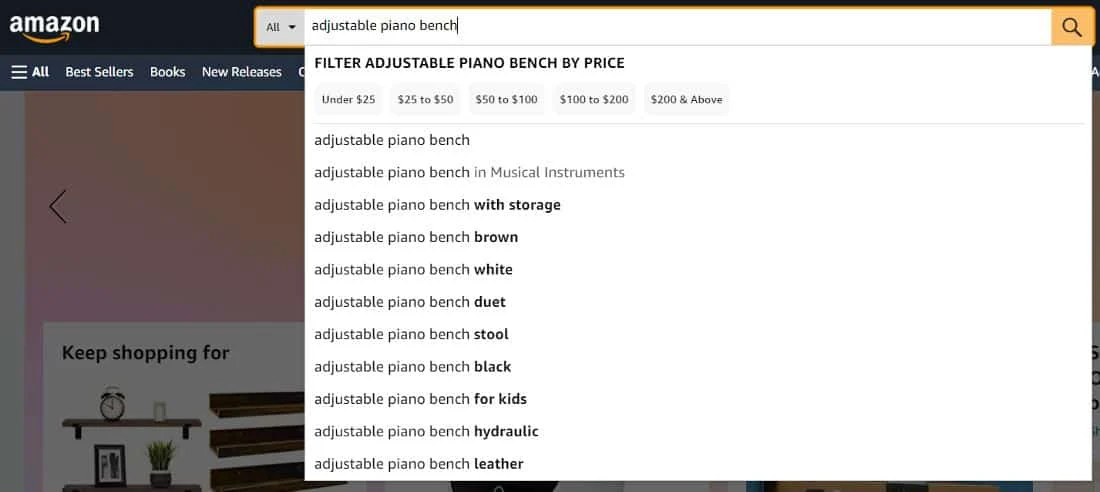 Showing an "adjustable piano bench" keyword and related keywords in Amazon.