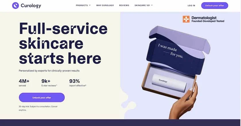 Skincare brand Curology's landing page from their website.