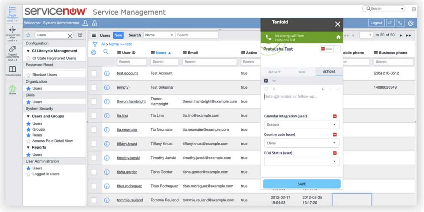 ServiceNow interface showing a list of users and a Tenfold screen pop that displays an incoming call.