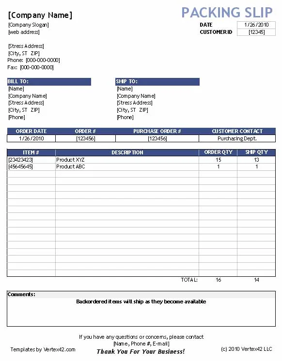 A packing slip example.
