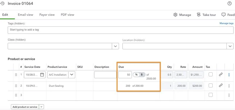Invoicing form showing where you can specify the exact portion of the estimate to invoice in QuickBooks Online