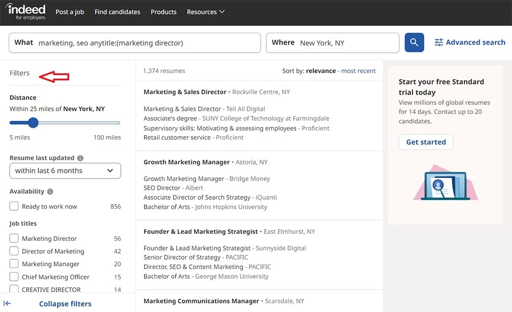 Indeed's resume search filters.