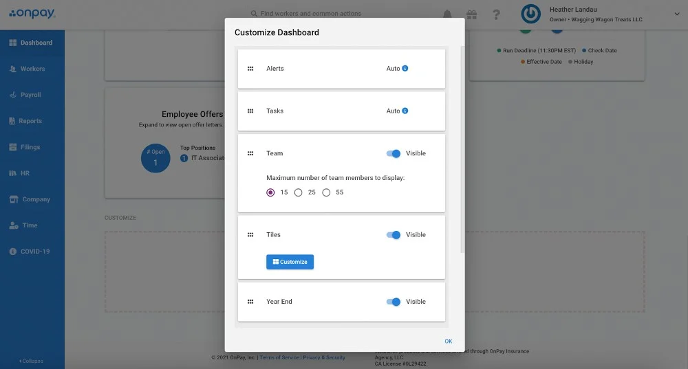 Showing OnPay's customize dashboard.