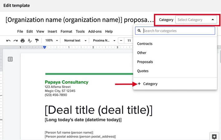 An example of how Pipedrive users can organize their documents and templates into categories using the Smart Docs feature.