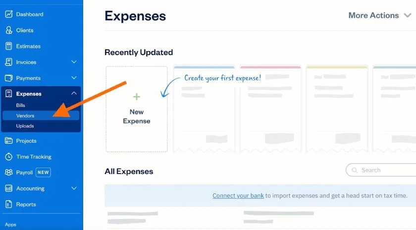 Screen showing how to navigate to the Vendors page in FreshBooks.