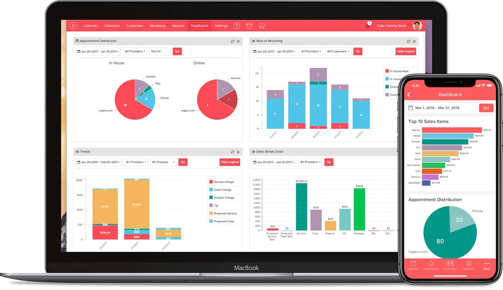 Key data, appointment traffic, new versus returning customers, and monthly sales trends on Vagaro’s dashboard.