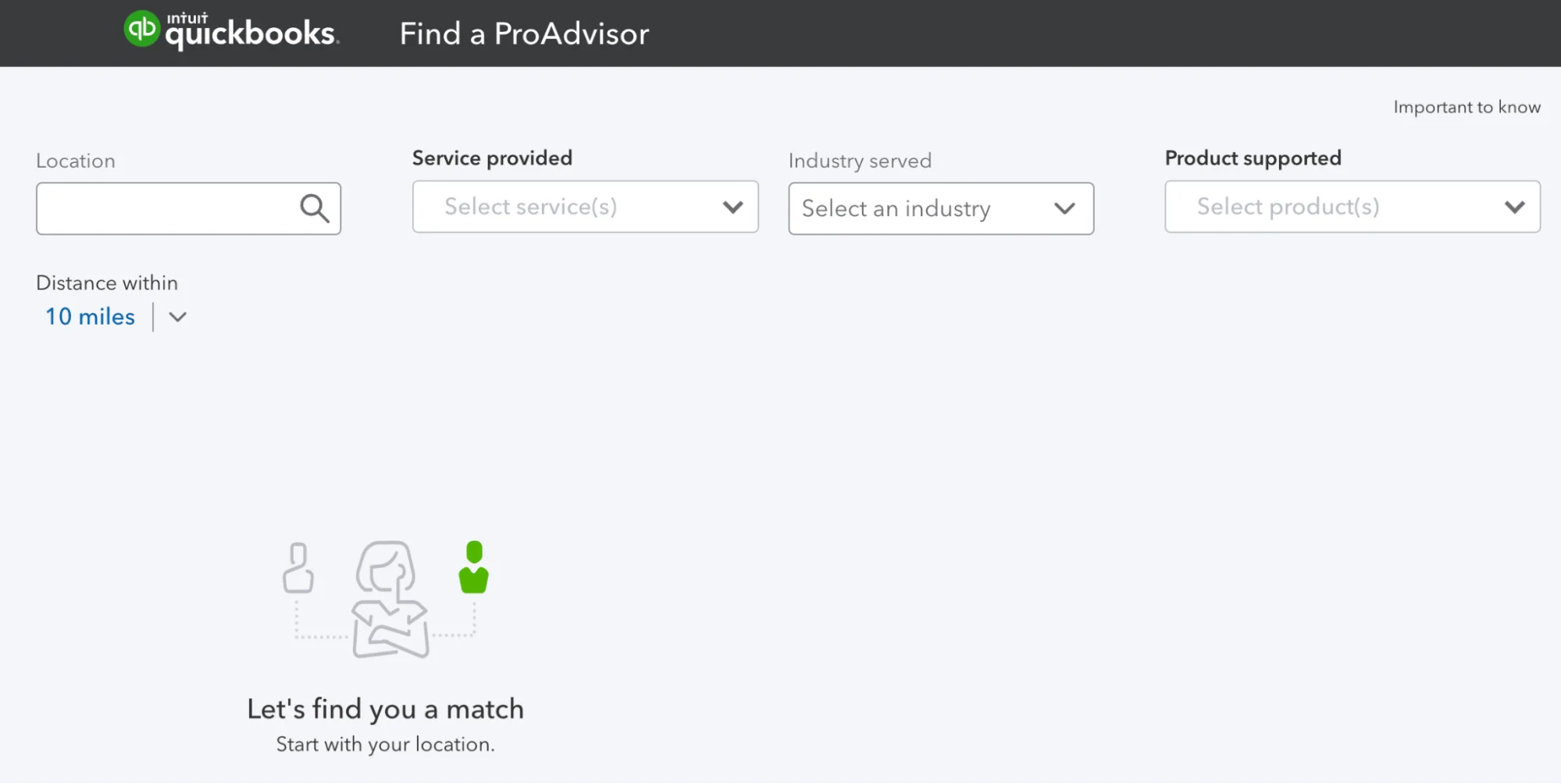 Screen where you can use filters to find a ProAdvisor on Intuit's Find a ProAdvisor website.