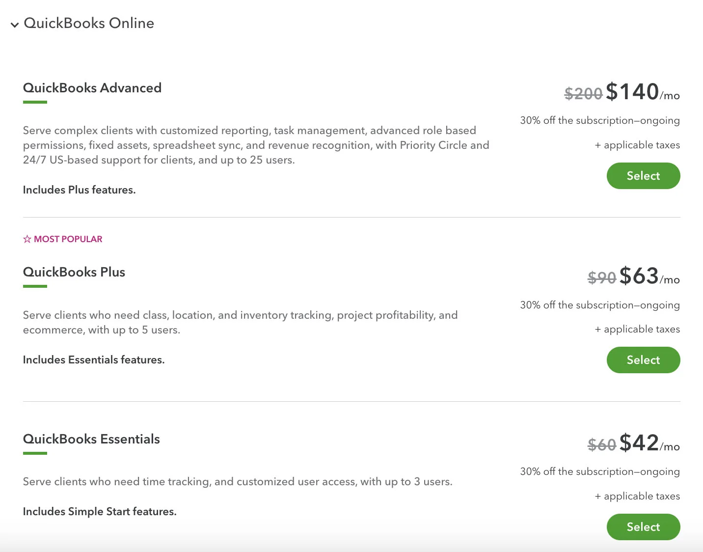 Screen where you can select a QuickBooks product to recommend to a new client in QuickBooks Online Accountant.
