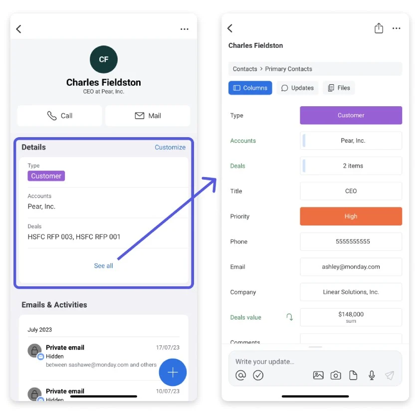 monday CRM mobile app showing contact activities and other details to enable sales teams.