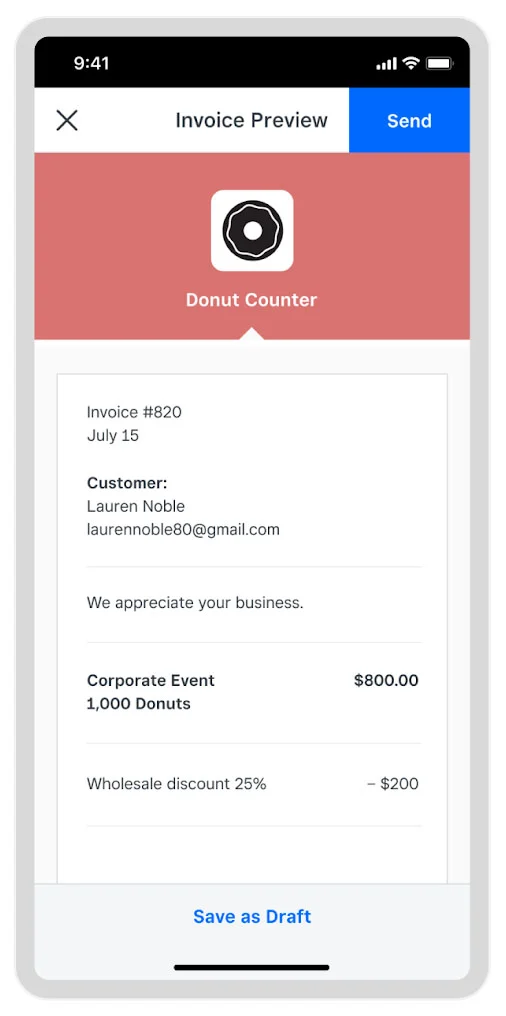 Sample Square invoice for wholesale invoicing.
