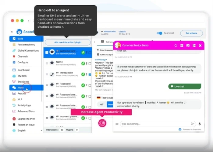 An example of SnatchBot's hand-off of a conversation to an agent.