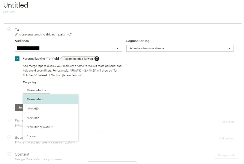 Mailchimp selecting an audience list.