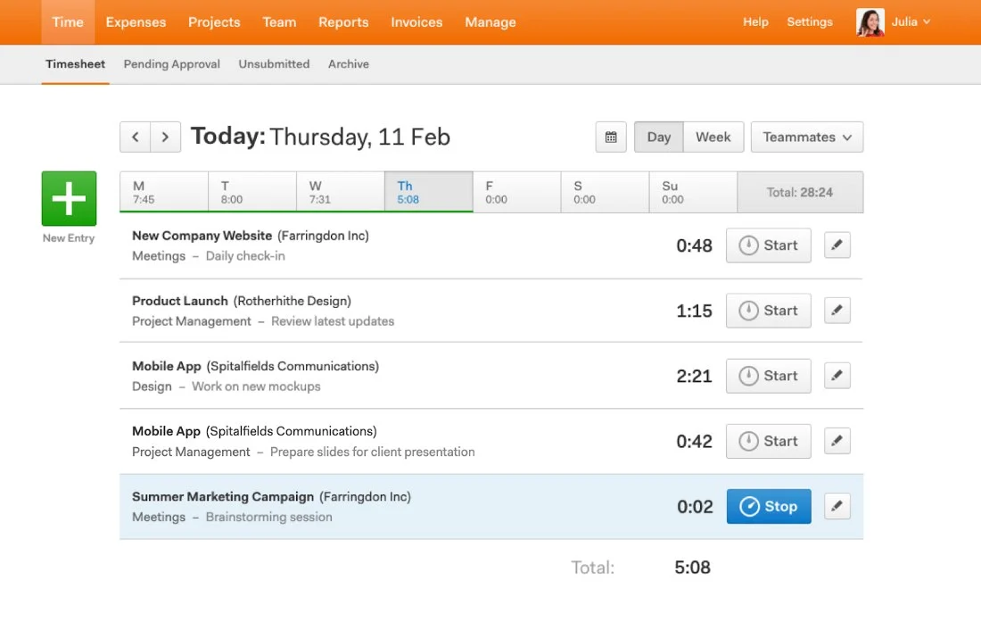 Harvest time tracking interface is clear and simple.