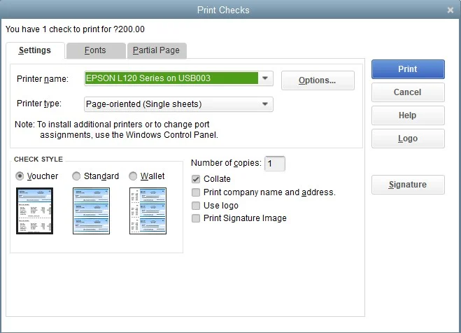 Selecting printer and check style.
