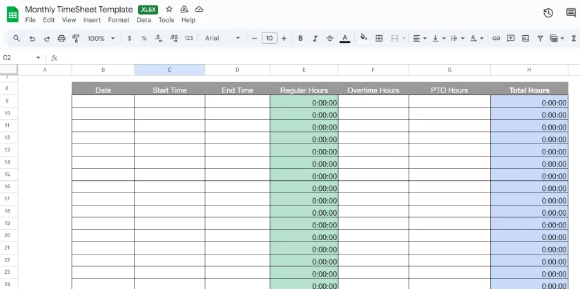 Monthly timesheet template with columns for start and end times, overtime hours, and pto hours.