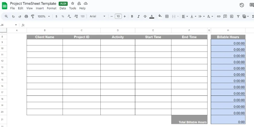 Project timesheet template with columns for client name, activity, start and end times, and total billable hours.