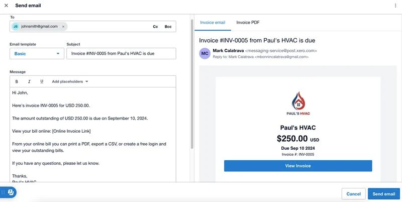 Screen showing a preview of an invoice email content in Xero.