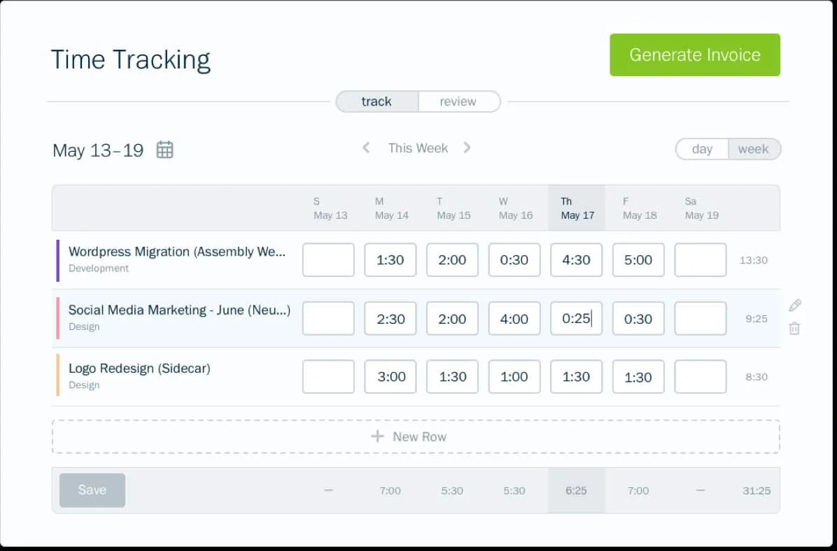 FreshBooks time tracking screen.